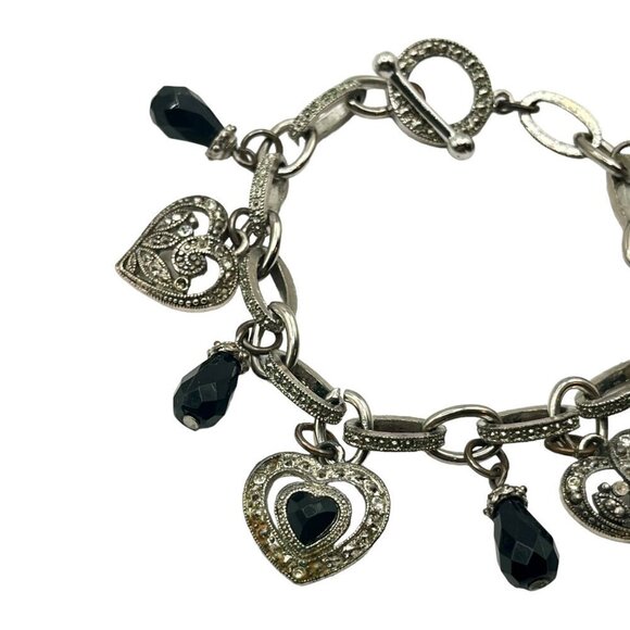 Vintage Silver Glitz Heart Charm Bracelet Black‎ Crystal Bead Charms Y2K Glam - Picture 2 of 4